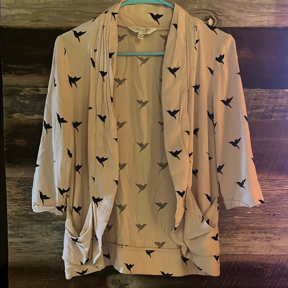 Pale Pink Blazer with Black Bird Pattern & Pockets